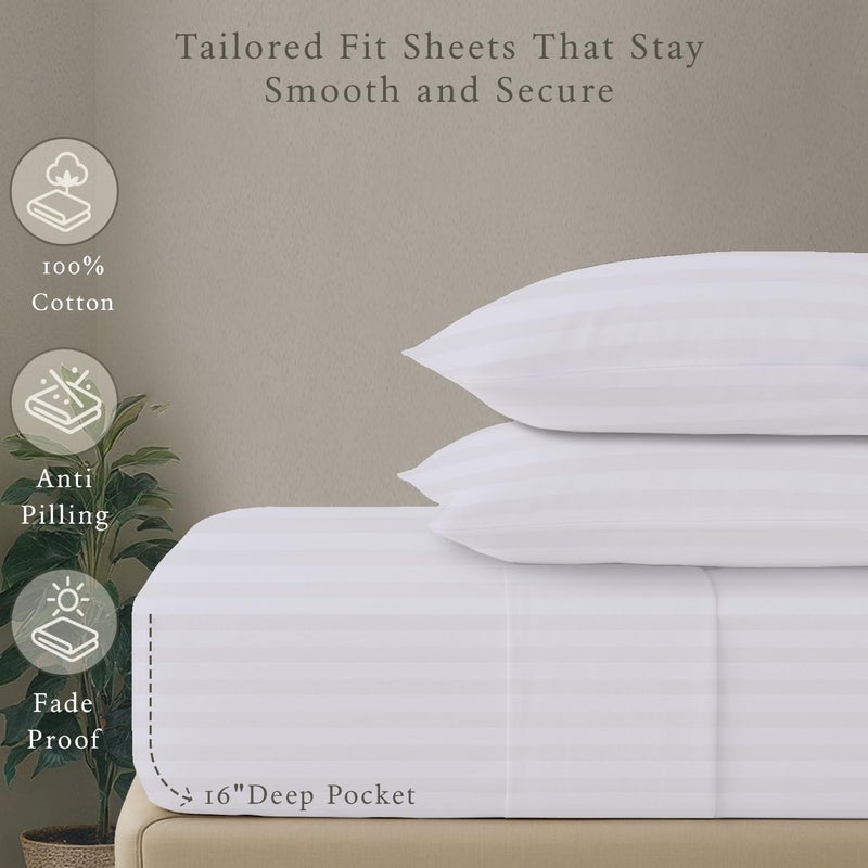 Threadmill 500 Thread Count Queen Size Damask Stripe, 4 Pc Luxury Cotton Bedding Set, Silky Smooth Hotel White Sheets with 16" Elasticized Deep Pocket, 2 Pillowcases & Free Tote Bag - Image 5